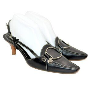 TOD'S Black Structured Minimalist Silver Metal Leather Slingback Kitten Heels 9
